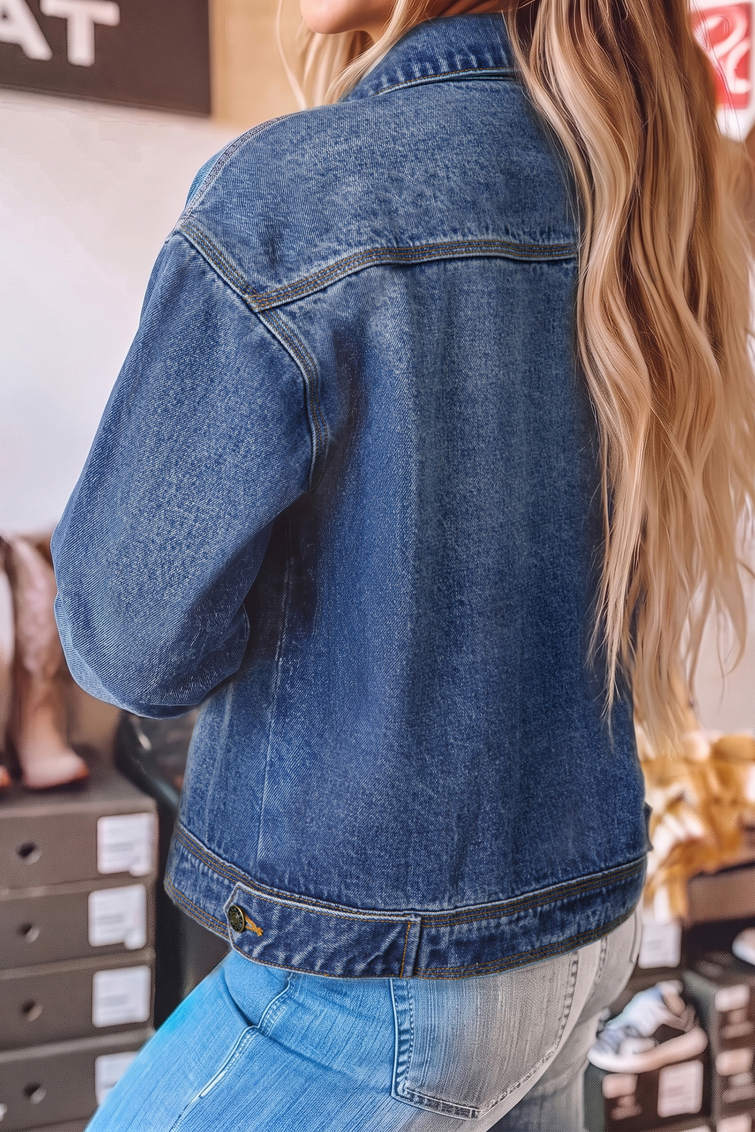 Sail Blue Denim Jacket, Casual Button Front Western Outerwear - Detail View 2