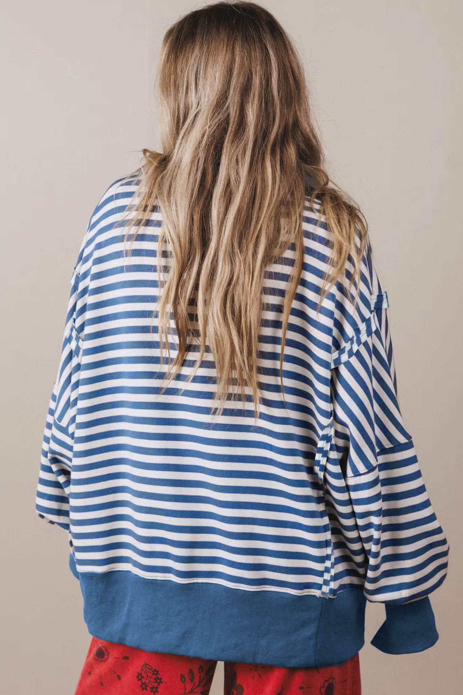 Blue Stripe Loose Pullover, Trendy Women's Sweatshirt - Detail View 2
