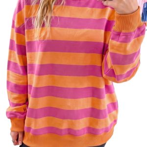 Women's Striped Sweatshirt, Mock Neck Long Sleeve Pullover - Main View