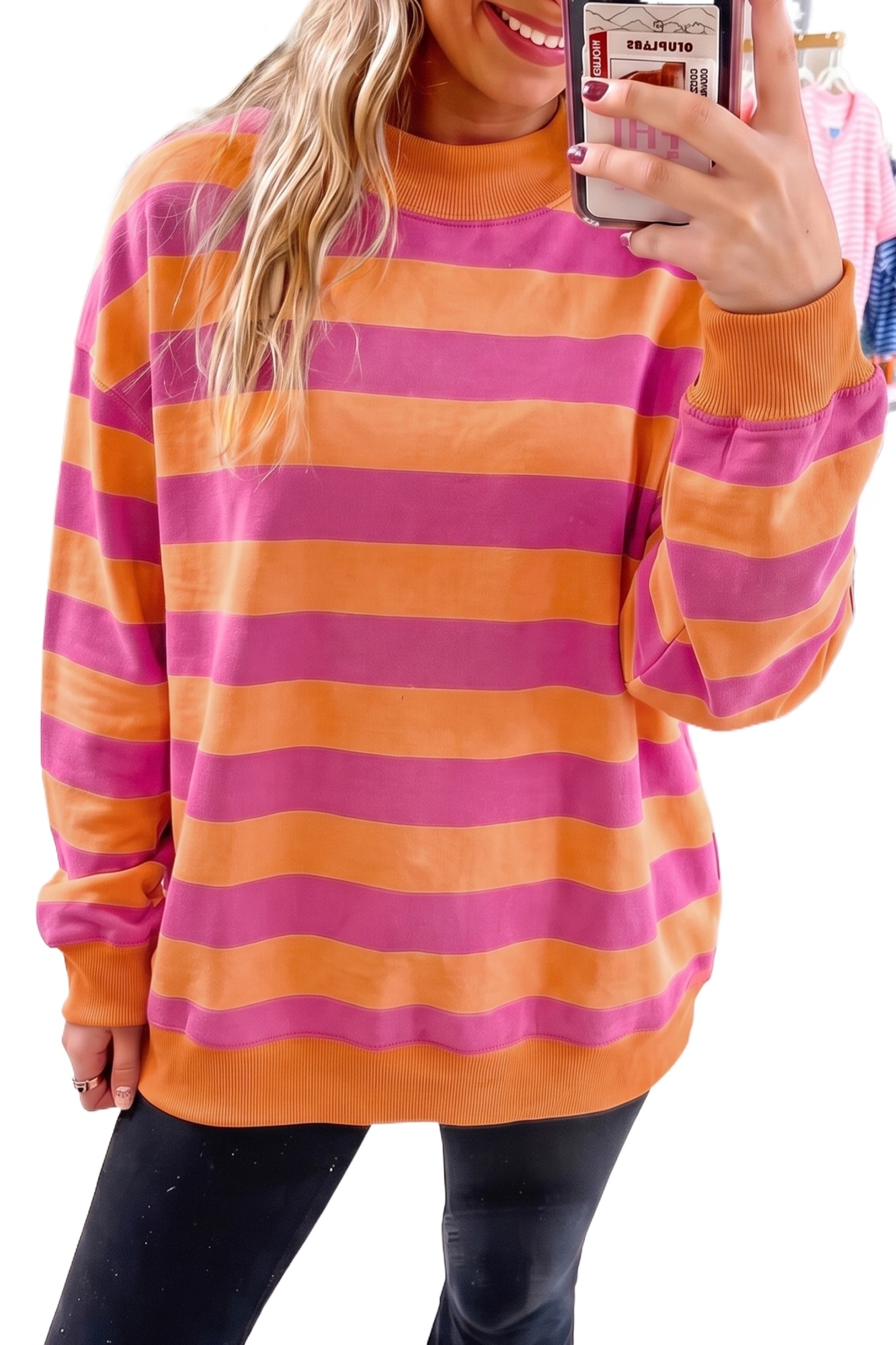 Women's Striped Sweatshirt, Mock Neck Long Sleeve Pullover - Main View