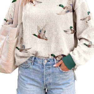 Women's Duck Print Pullover, Beige Corded Crewneck Top - Main View