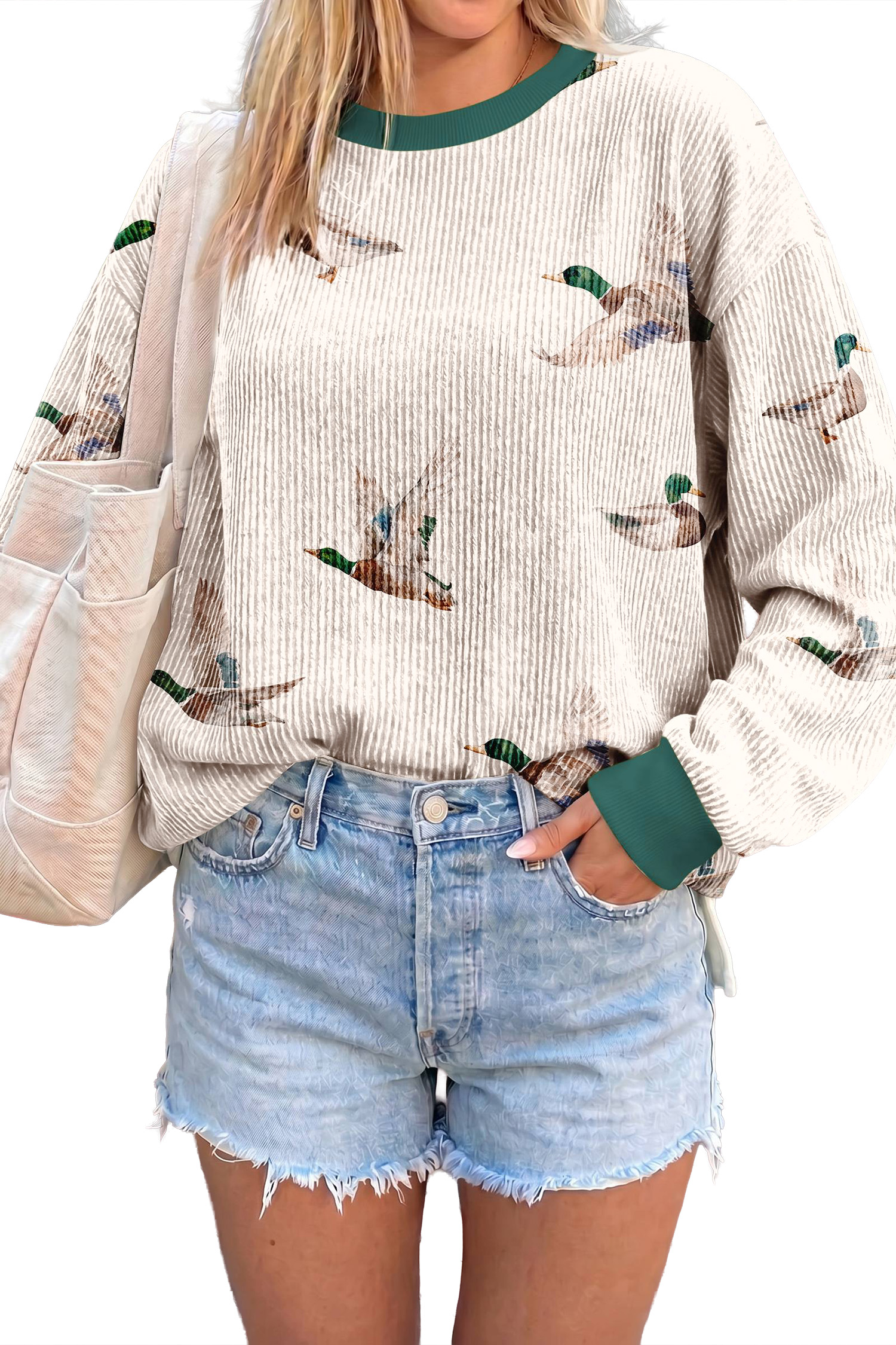 Women's Duck Print Pullover, Beige Corded Crewneck Top - Main View