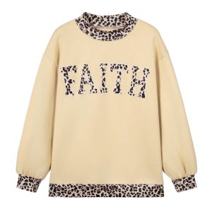 Women's Leopard Trim Sweatshirt, Casual Faith Letter Pullover - Main View