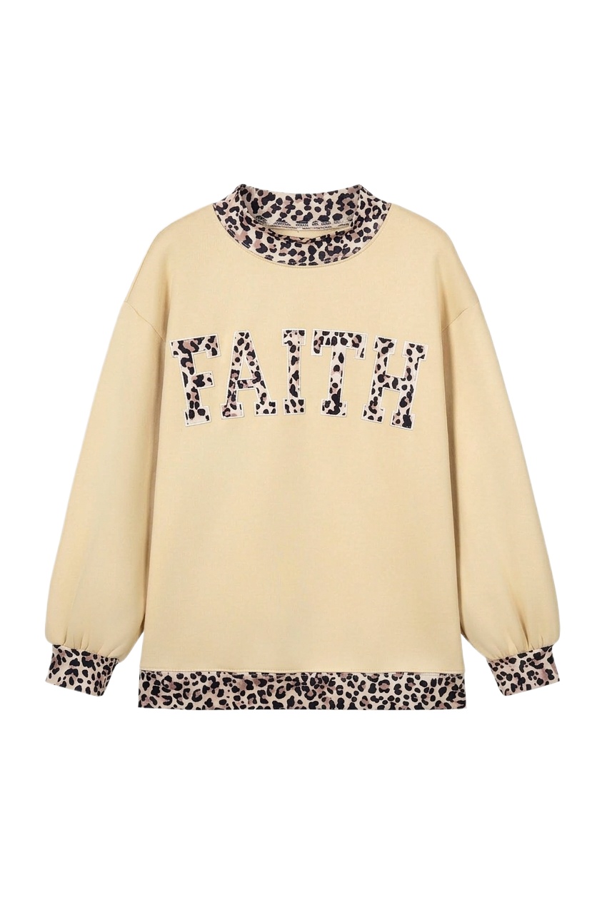 Women's Leopard Trim Sweatshirt, Casual Faith Letter Pullover - Main View