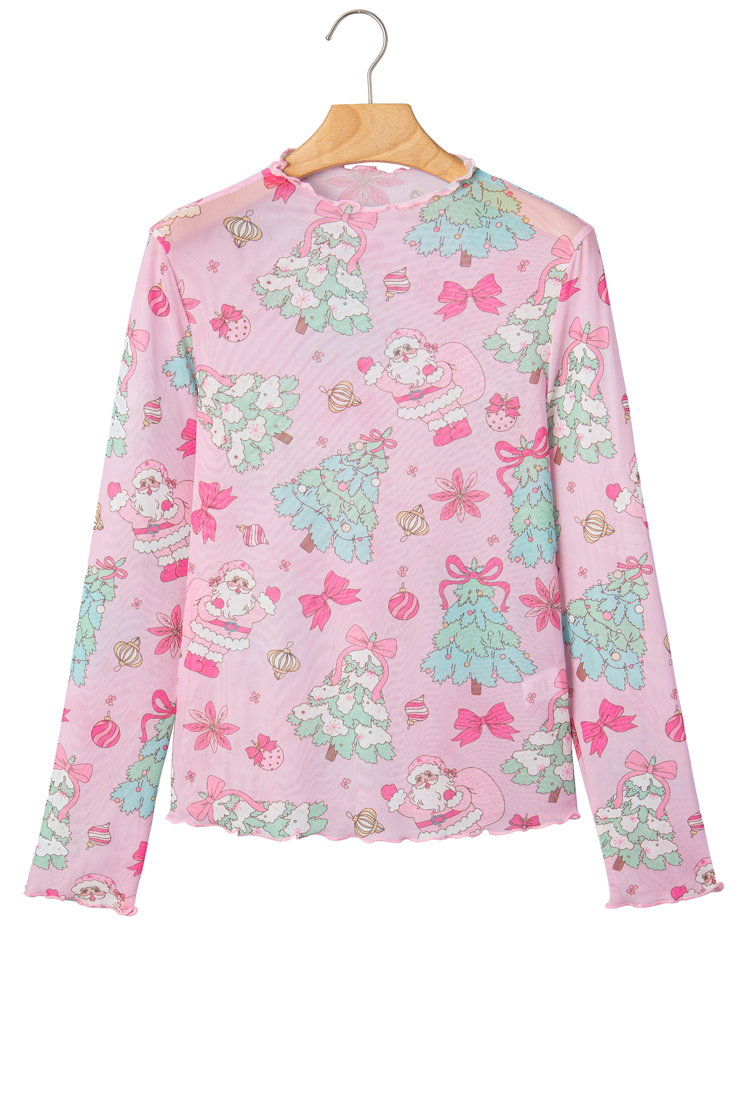 Sheer Christmas Women's Print Top, Pink Long Sleeve - Detail View 8