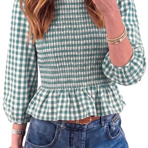 Women Green Plaid Peplum Top, Casual 3/4 Sleeve Blouse - Main View