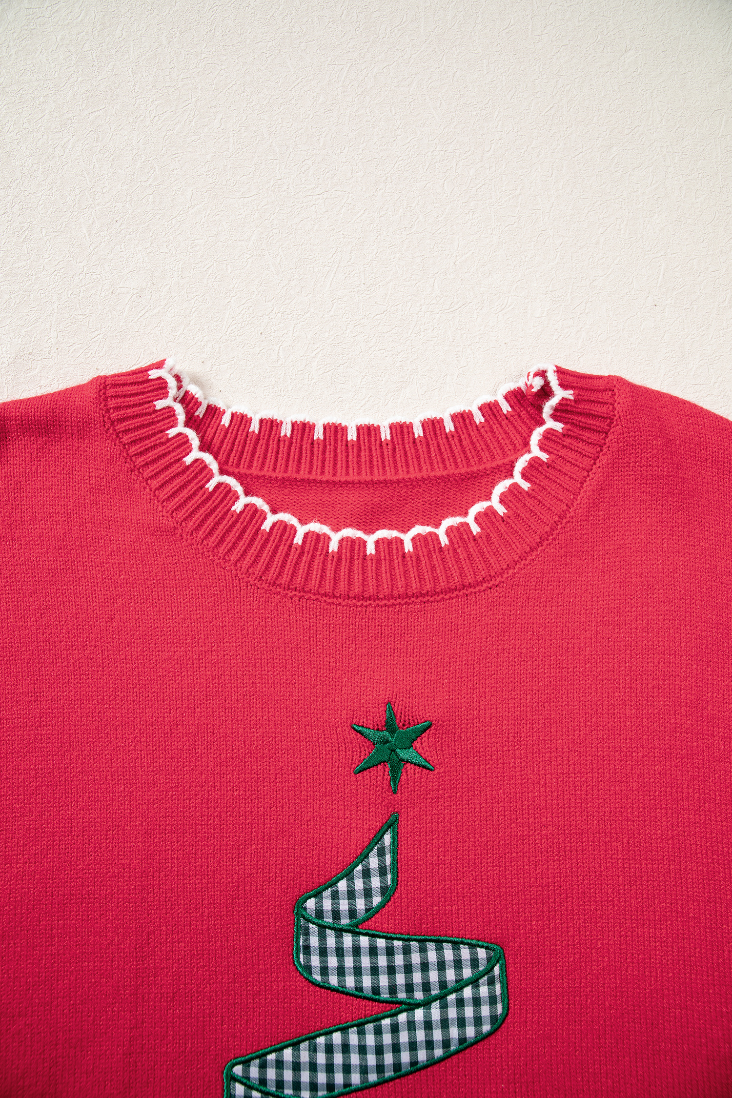 Racing Red Christmas Sweater, Gingham Tree Stitched Detail - Detail View 5