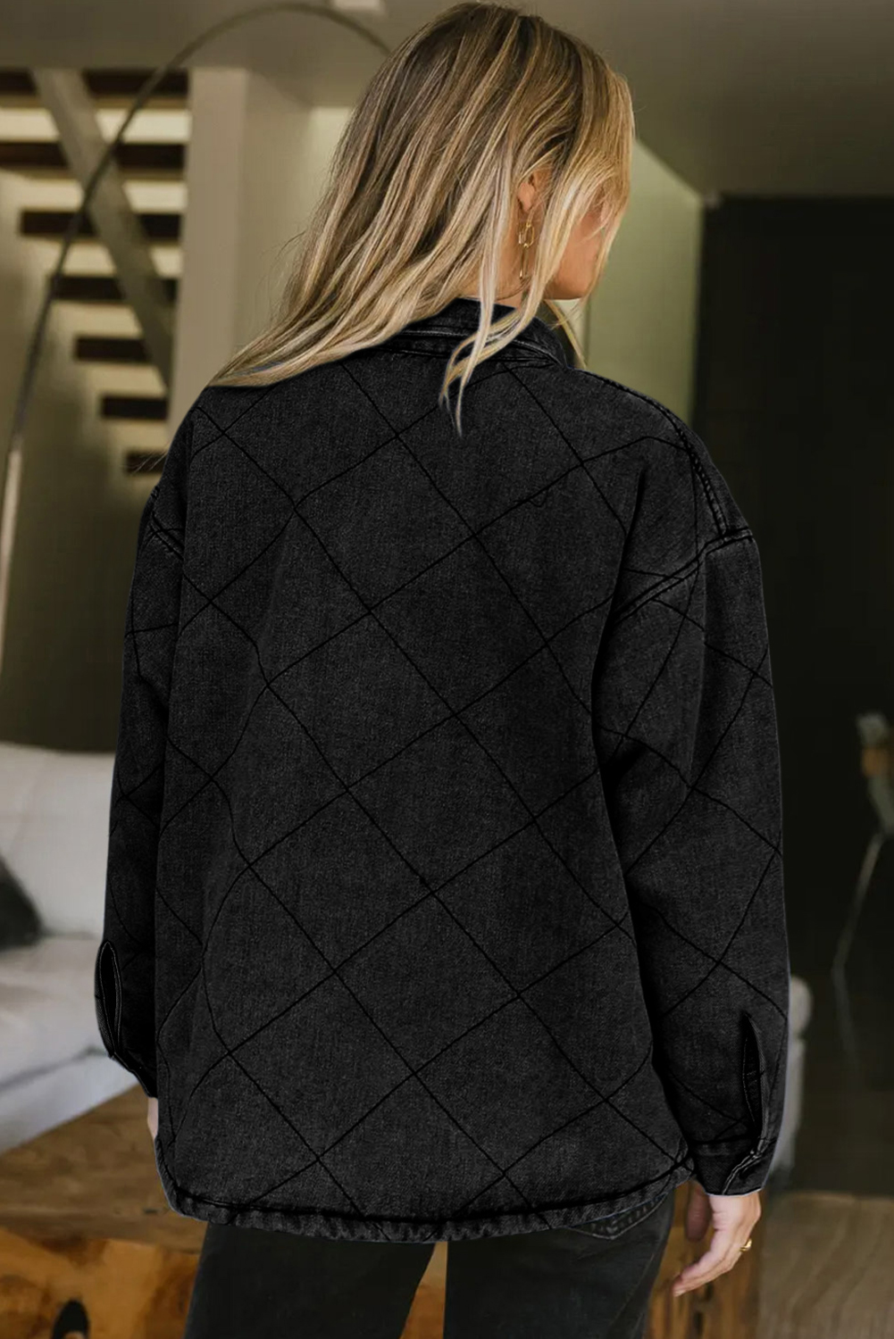 Rhombus Stitched Denim Jacket, Women's Casual Black Coat - Detail View 2