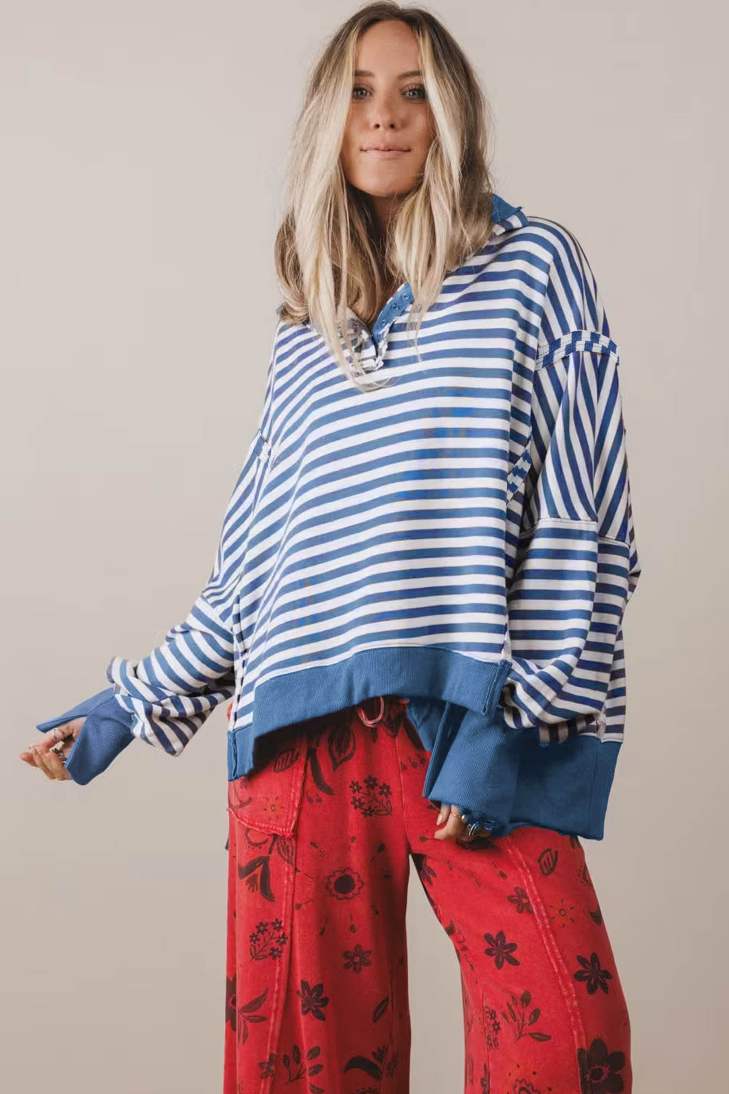 Cotton Blend Striped Sweatshirt, Comfy Women's Apparel - Detail View 3