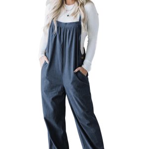 Teal Corduroy Jumpsuit, Women's Casual Daily Overalls - Main View
