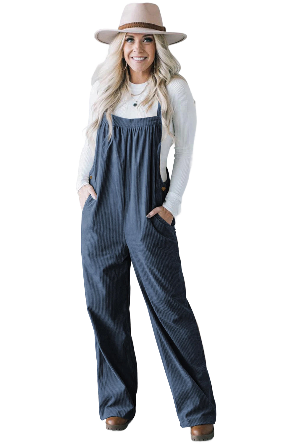 Teal Corduroy Jumpsuit, Women's Casual Daily Overalls - Main View