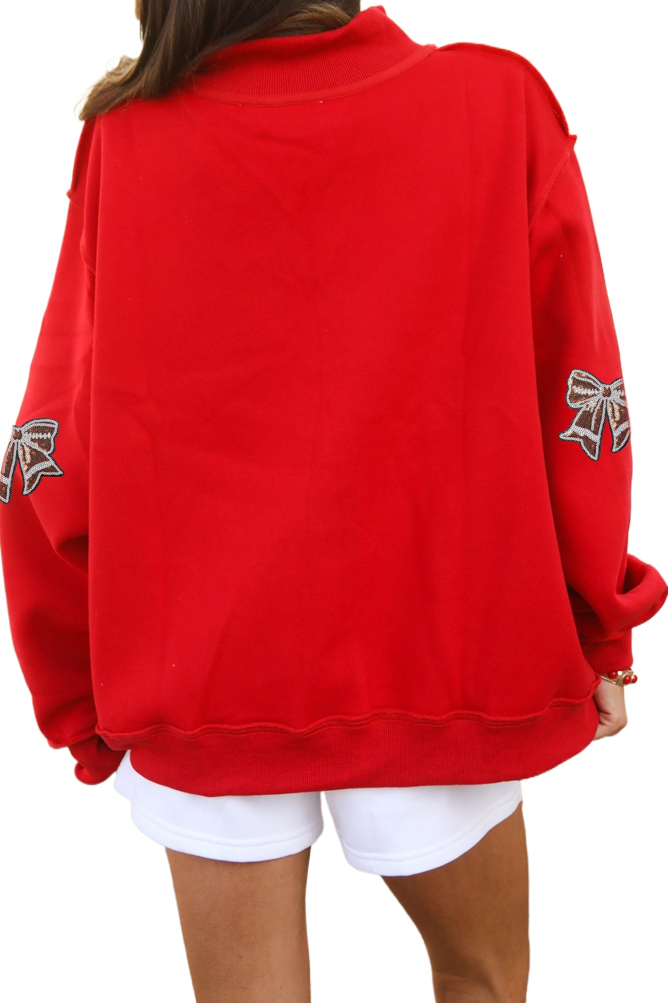 Red Sequin Bow Women's Sweatshirt, Mock Neck Casual Pullover - Main View