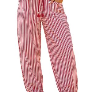 Women's Red Striped Pants, Casual Loose Drawstring Trousers - Main View