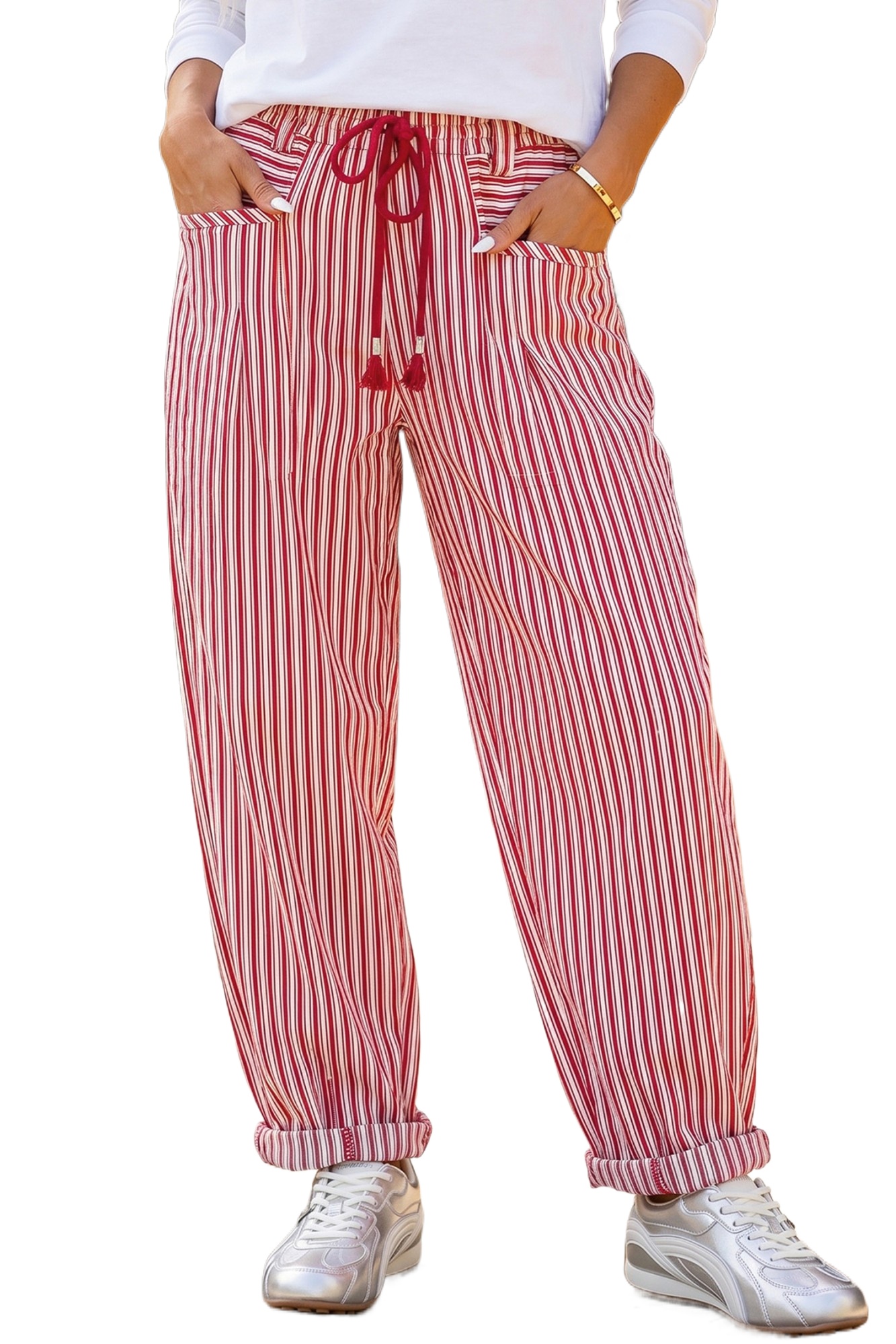Women's Red Striped Pants, Casual Loose Drawstring Trousers - Main View