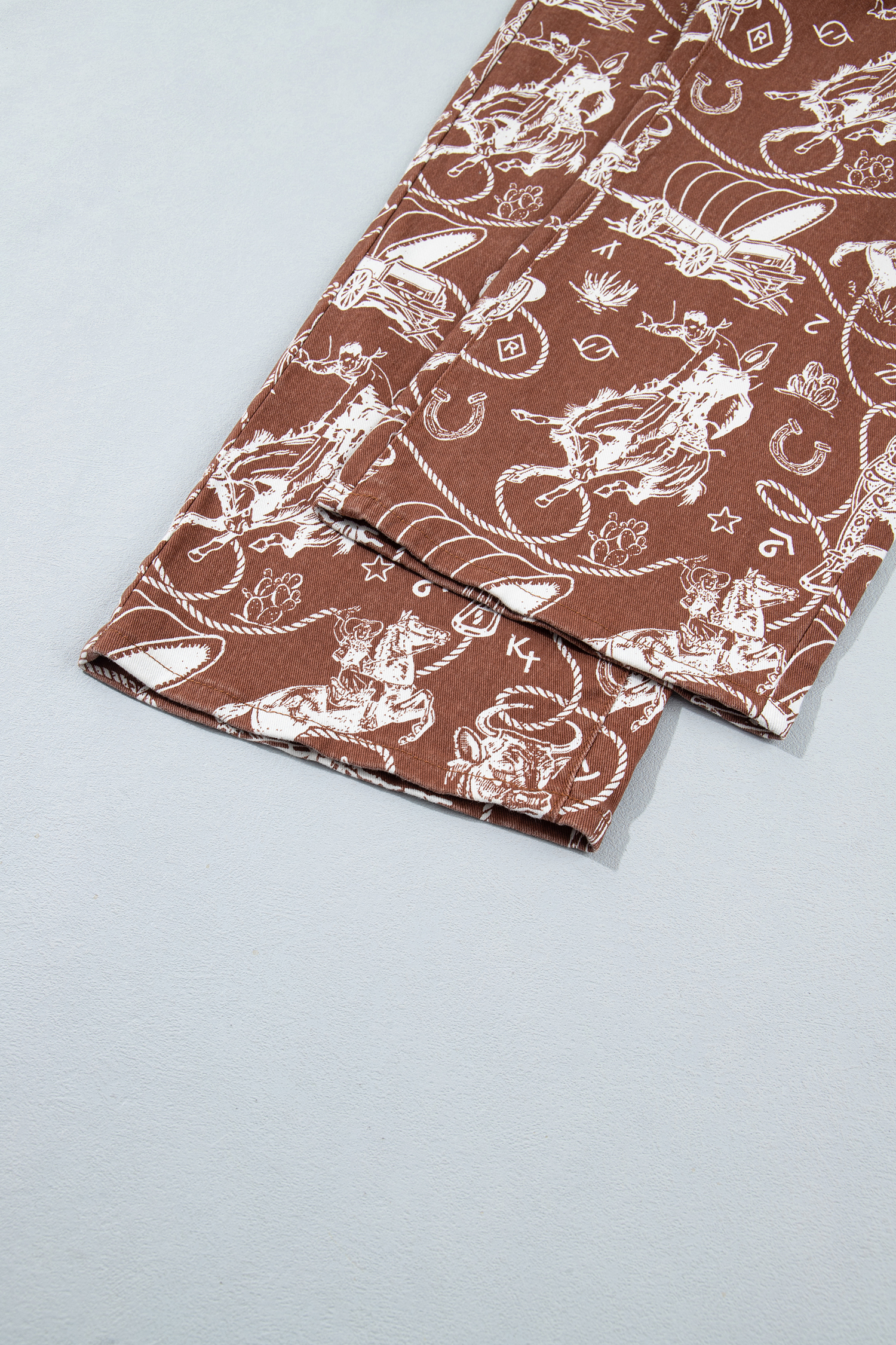 Women's Western Print Jeans, High Waisted Brown Denim Pants - Detail View 10