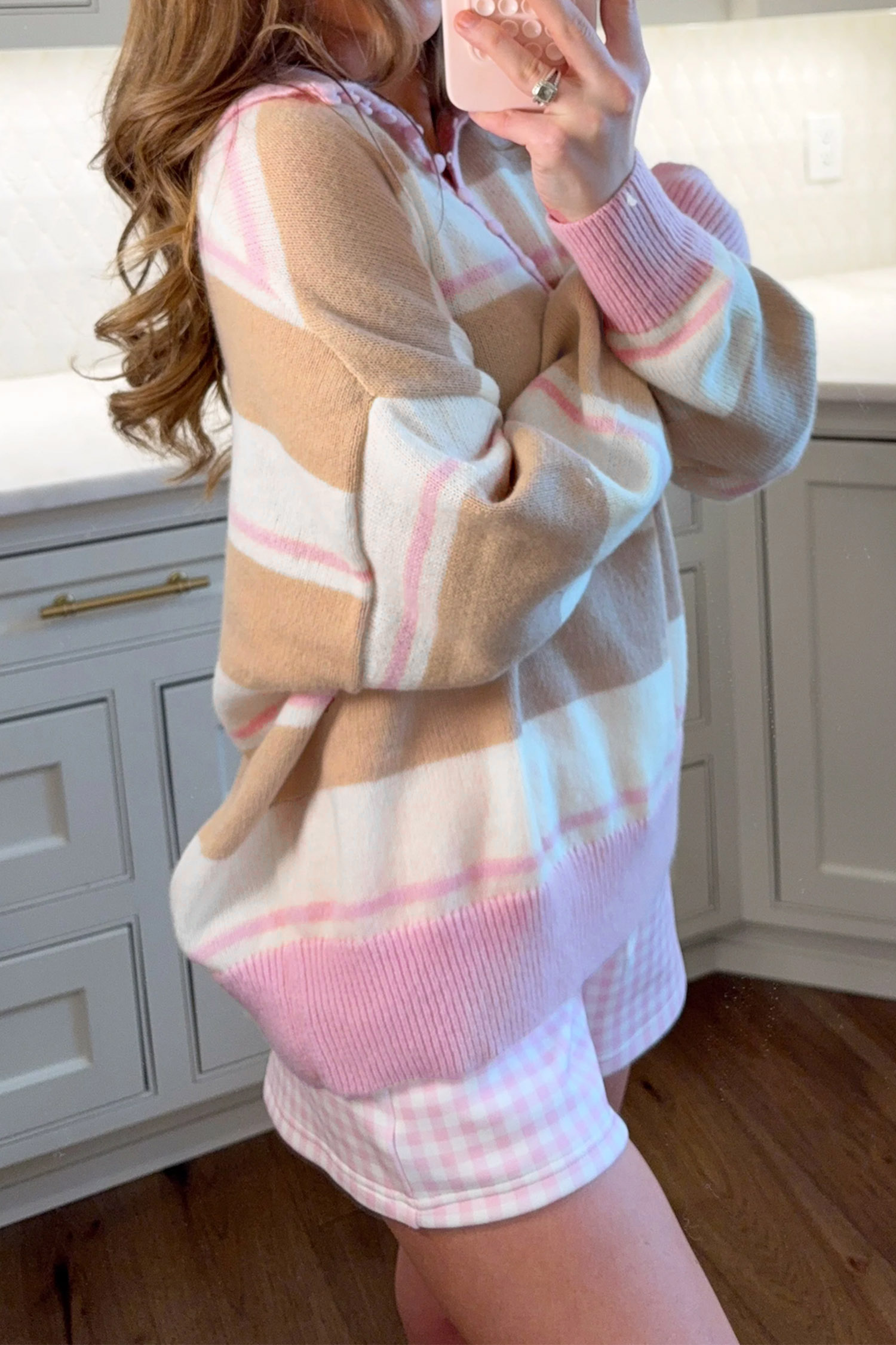 Women's Casual Striped Pullover, Pink V Neck Fall Sweater - Detail View 3