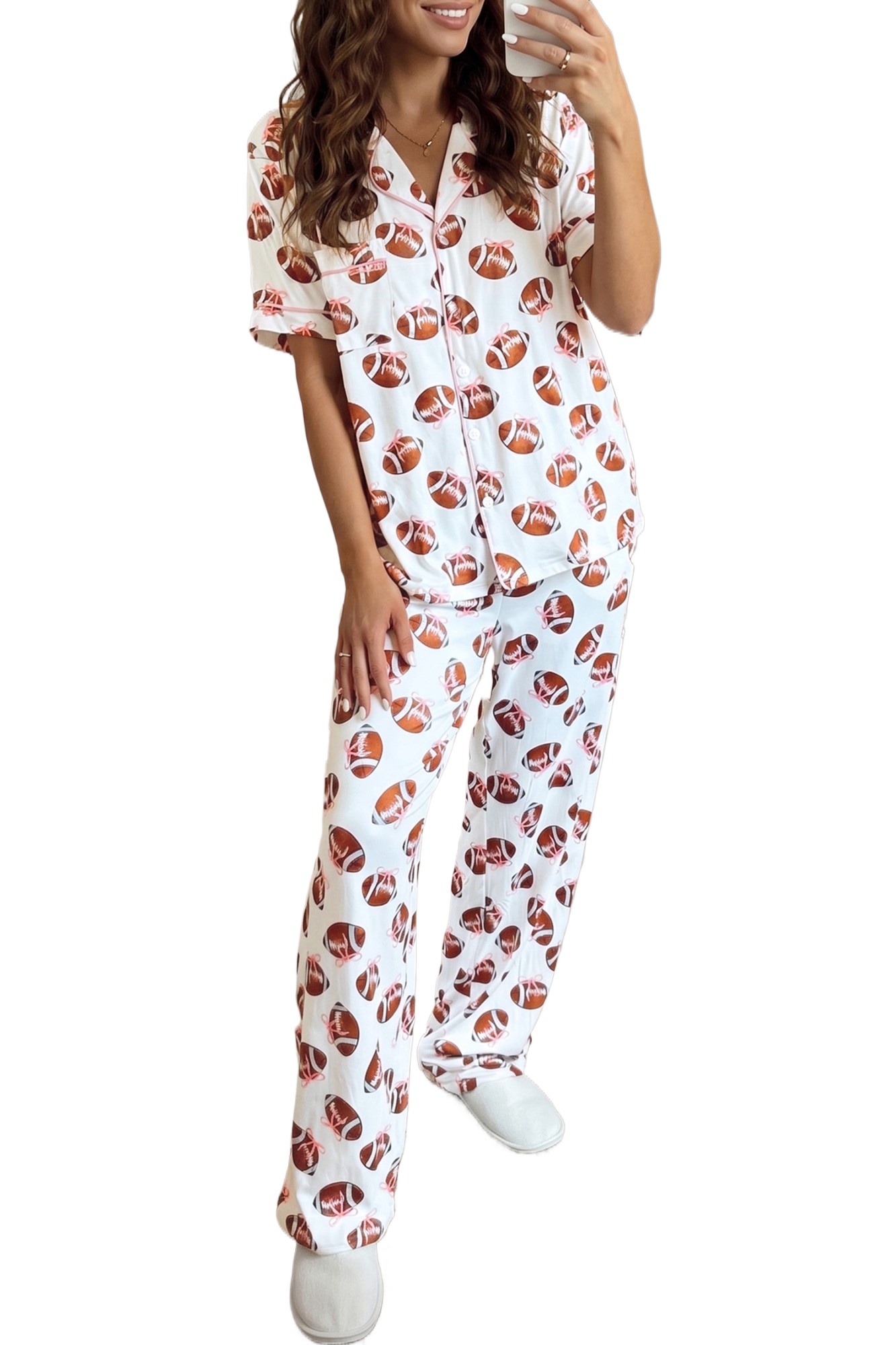 Women's Football Print Pajama Set, Button Down Loungewear - Main View
