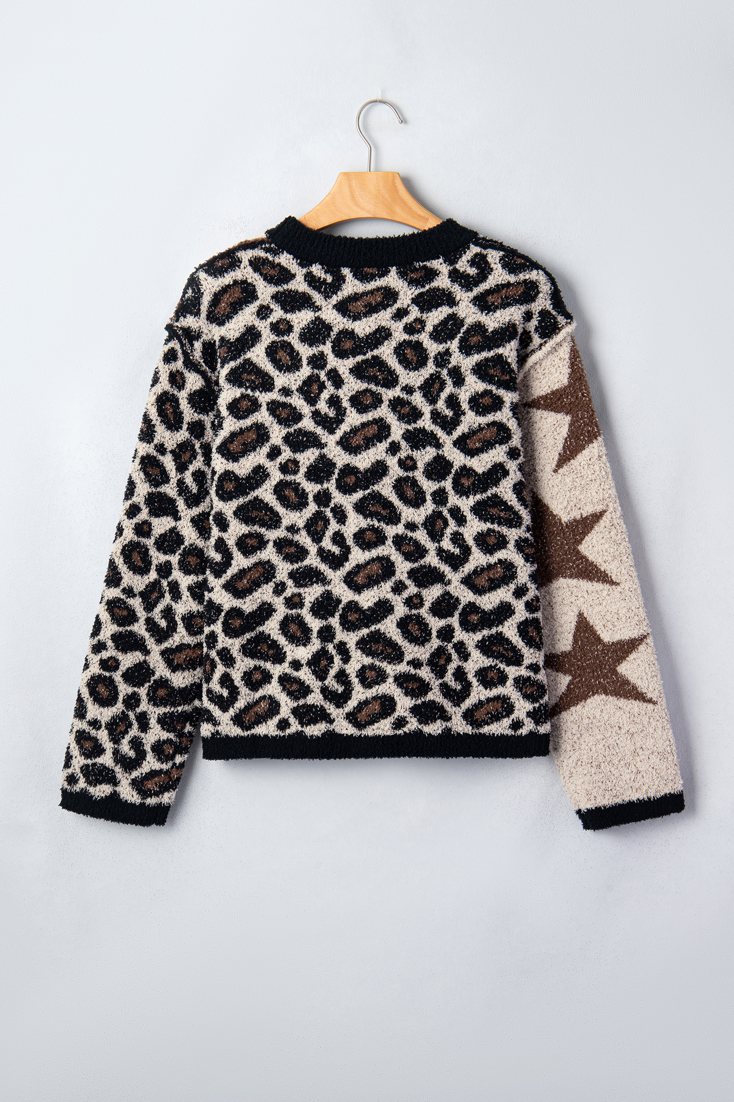 Fuzzy Leopard Star Sweater, Long Sleeve Women's Knit - Detail View 9