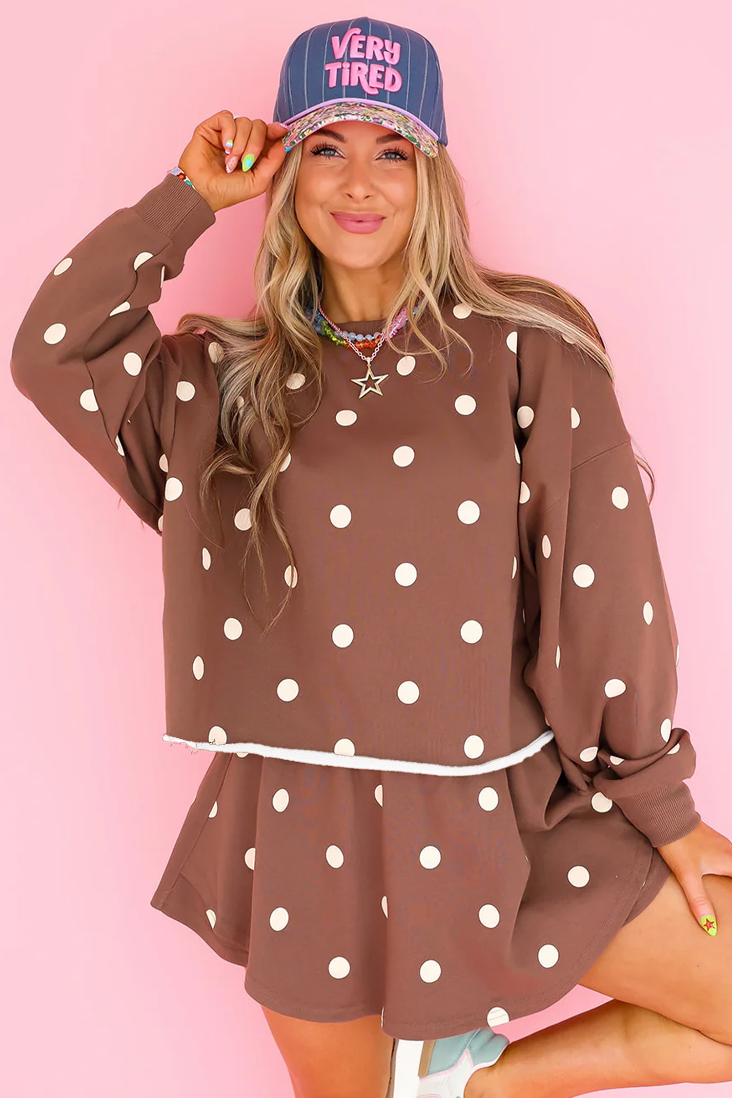 Women's Relaxed Skort Set, Cozy Brown Pullover Outfit - Detail View 3