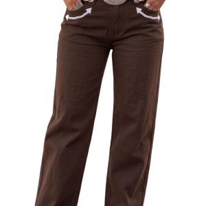 Women's Straight Leg Jeans, Casual Western Style Brown Denim - Main View