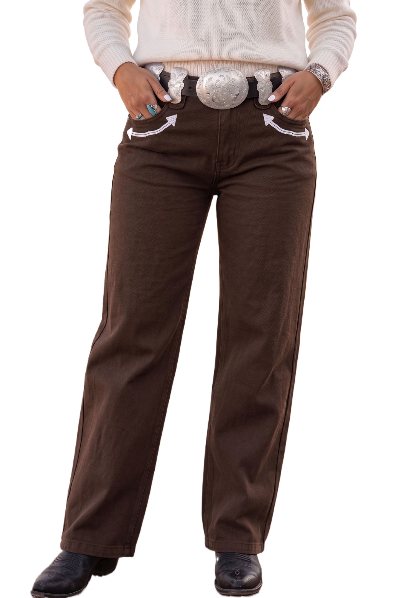 Women's Straight Leg Jeans, Casual Western Style Brown Denim - Main View