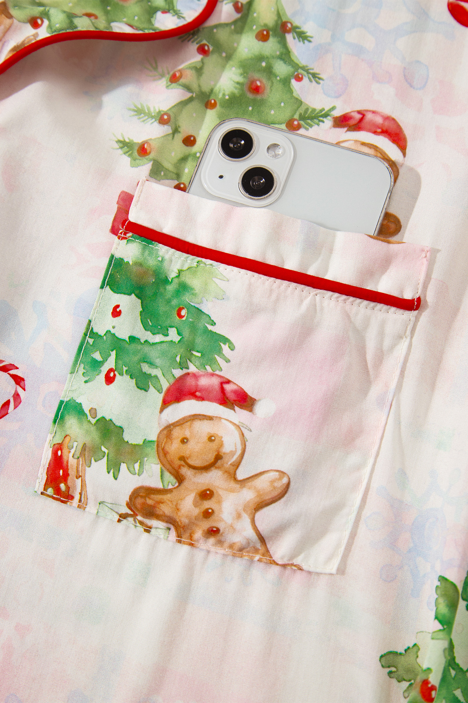 Women's Holiday Pajama Set, Pink Gingerbread Print - Detail View 14