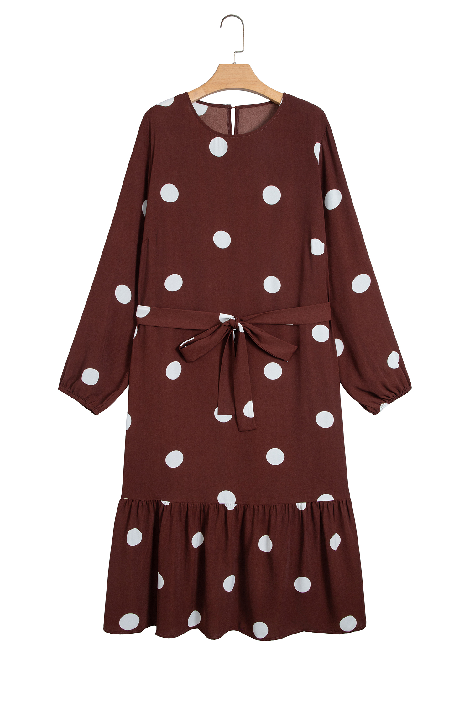 Chic Brown Polka Dot Dress, Ruffled Hem Long Maxi - Detail View 3