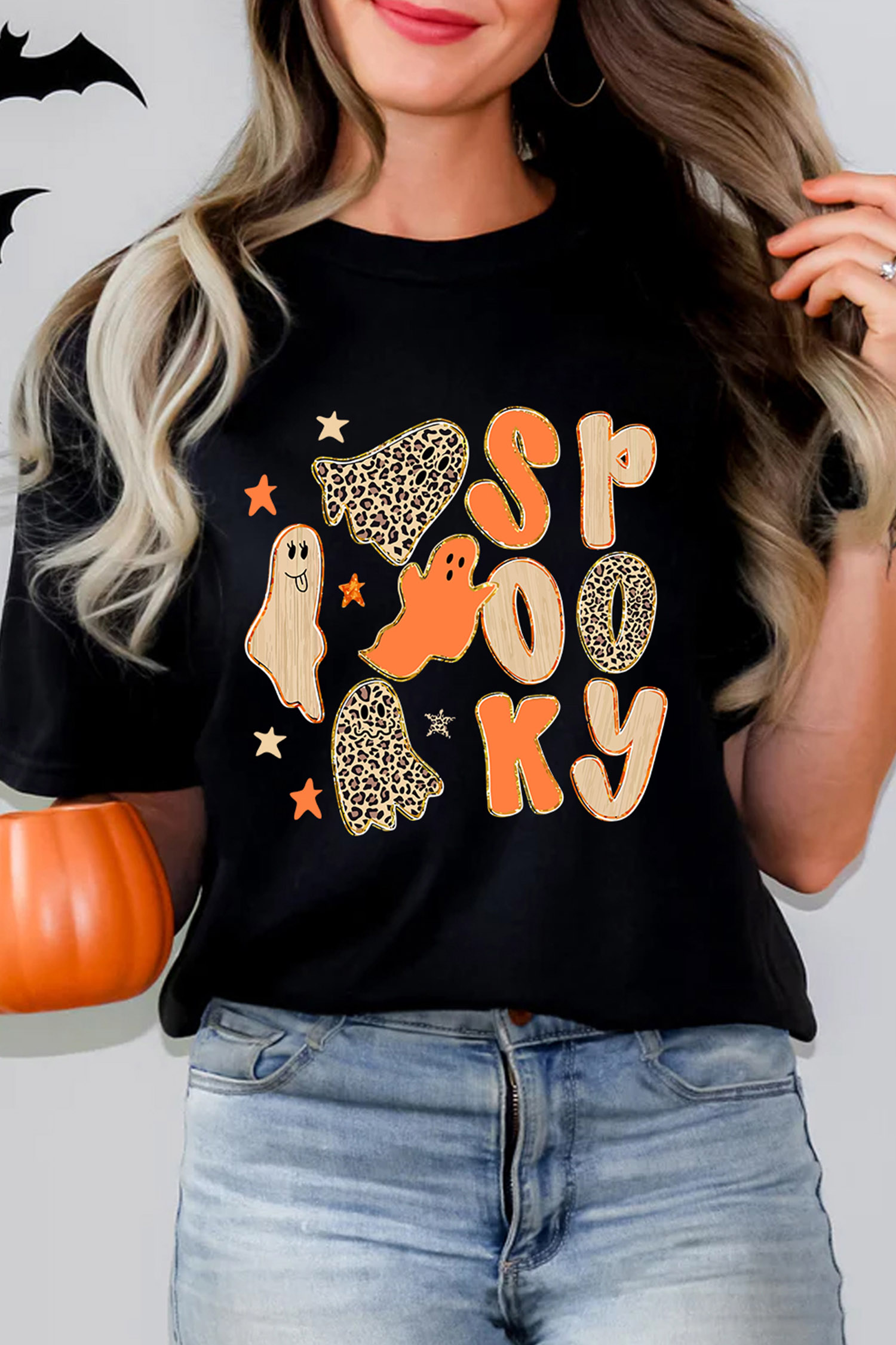 Spooky Ghost Print Tee, Halloween Graphic Trendy Women Top - Detail View 2
