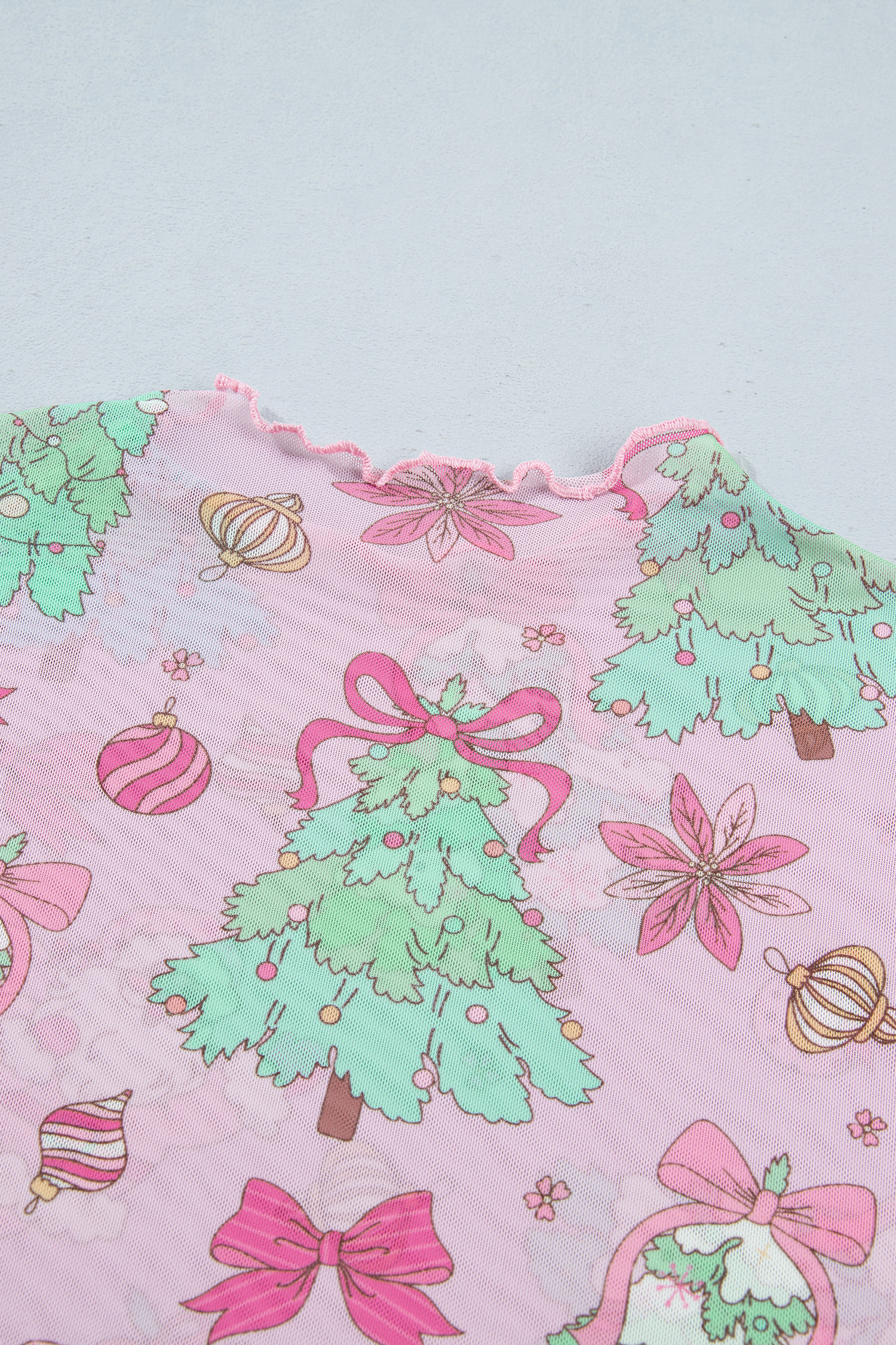 Sheer Christmas Women's Print Top, Pink Long Sleeve - Detail View 11