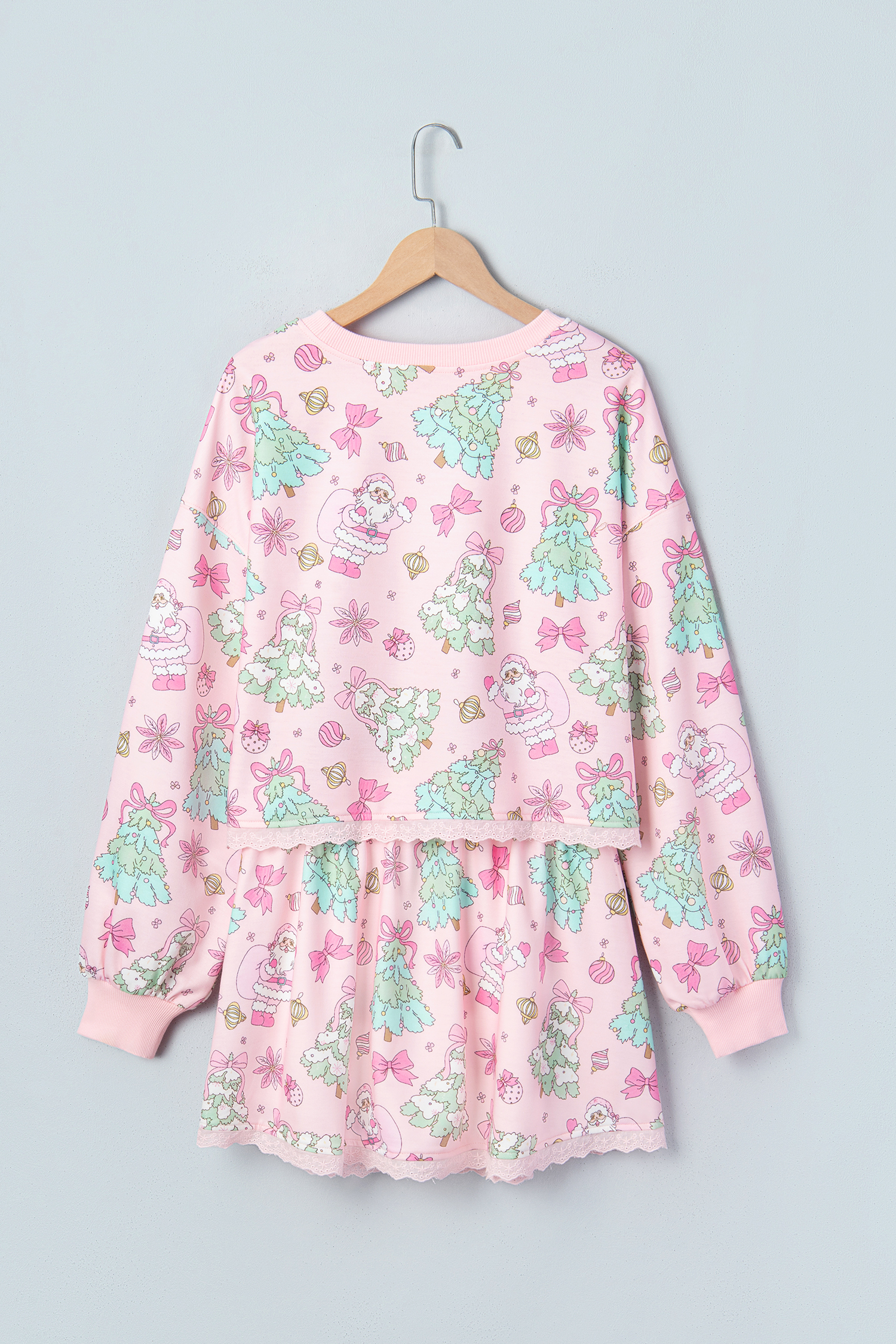 Pink Christmas Skirt Set, Festive Santa Print Long Sleeve - Detail View 5