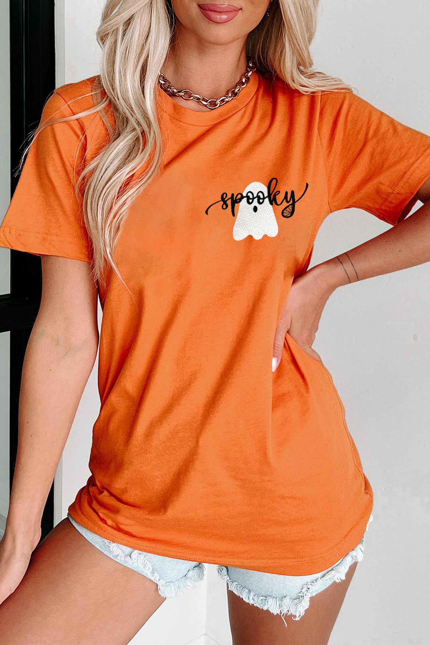 Women's Spooky Embroidered Tee, Orange Holiday Graphic - Detail View 5