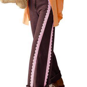 Women's Coffee Jeans, Lace Trim Side Stripe Relaxed Denim - Main View