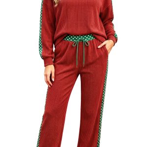Women's Ribbed 2 Piece Pant Set, Polka Dot Trim Lounge Wear - Main View