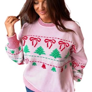 Women's Pink Festive Christmas Sweater, Round Neck Tunic - Main View