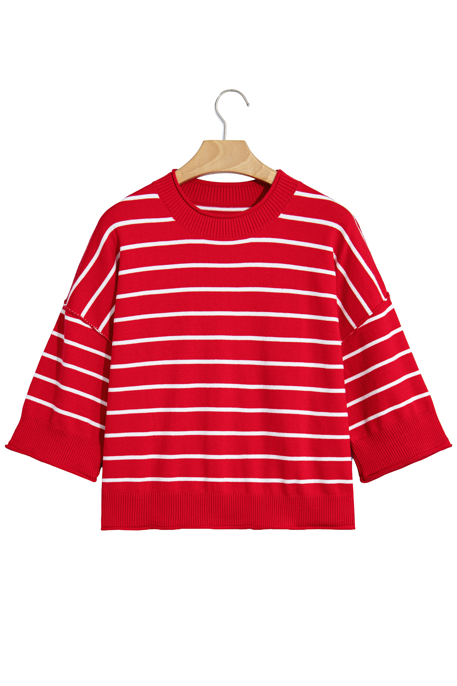 Women's Red Striped Knit Top, Trendy Dropped Shoulder - Detail View 2
