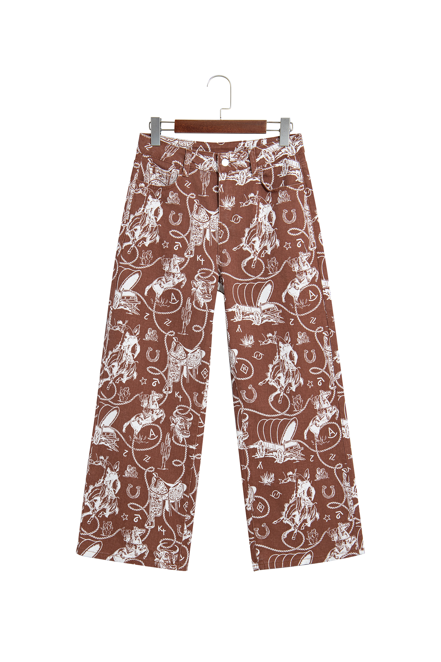 Wide Leg Western Jeans, Vintage Style Brown Printed Denim - Detail View 5
