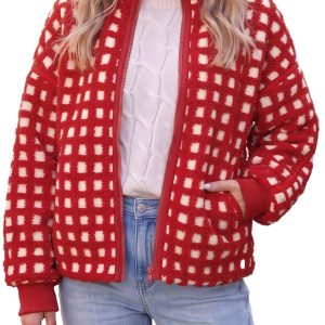 Women's Plaid Sherpa Jacket, Casual Daily Zip Coat - Main View