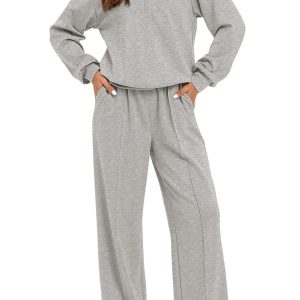 Grey Women's Athleisure Set, Sailor Collar Zip - Main View
