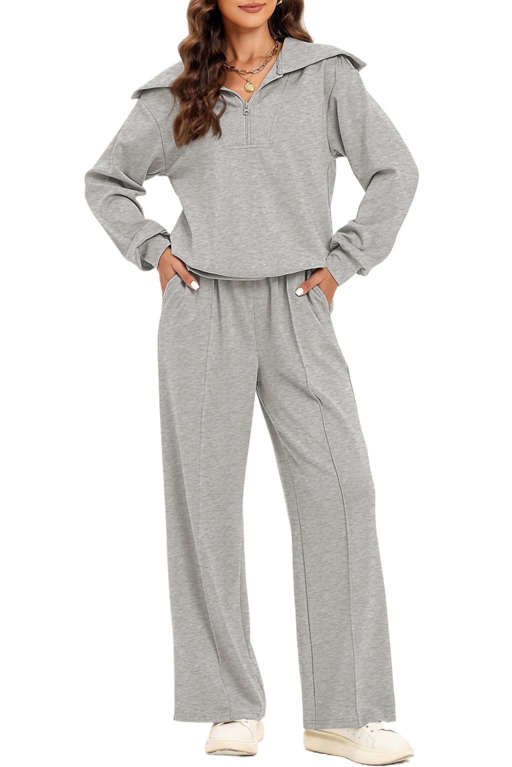 Grey Women's Athleisure Set, Sailor Collar Zip - Main View