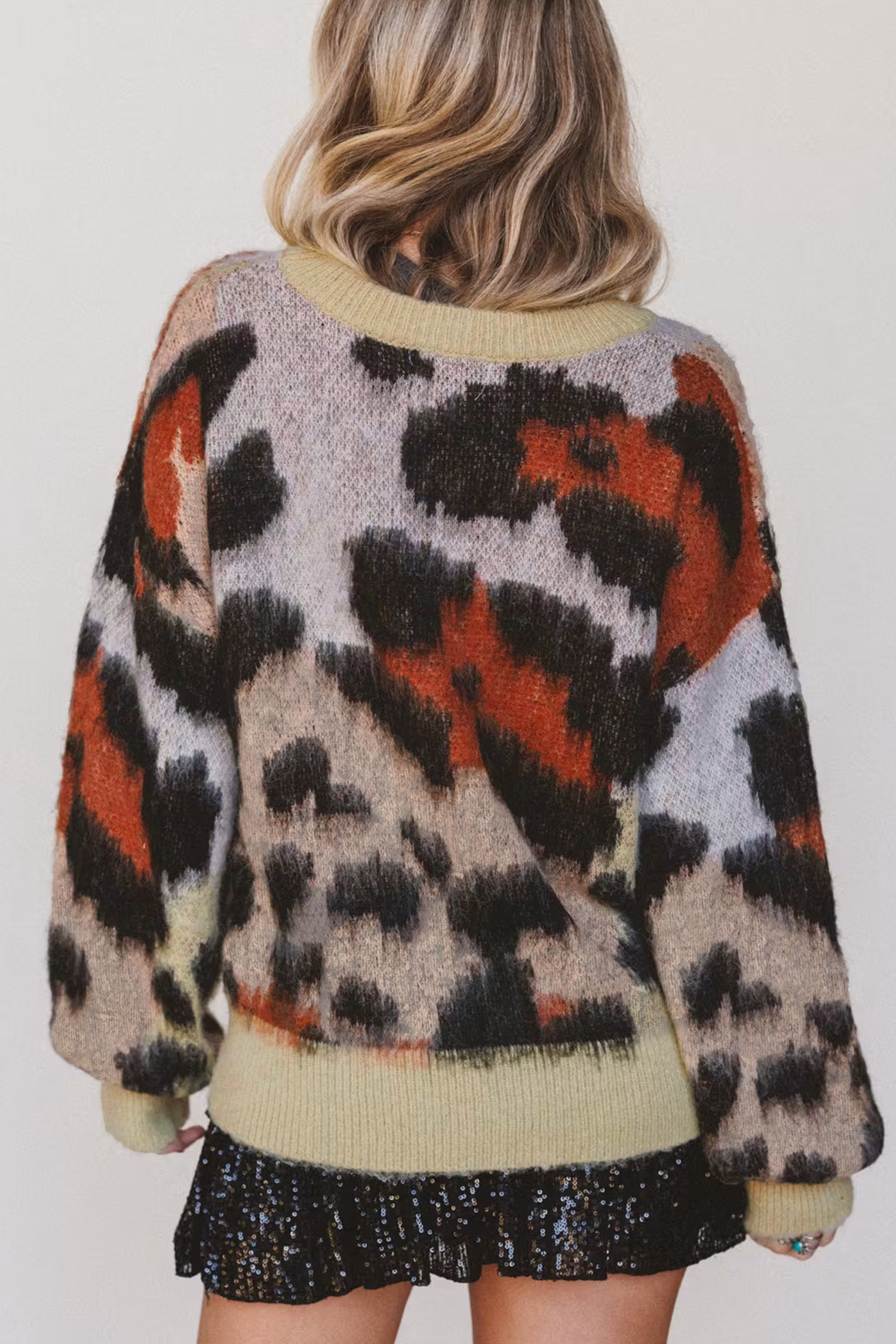 Khaki Animal Print Knit Top, Women's Trendy Drop Shoulder - Detail View 2