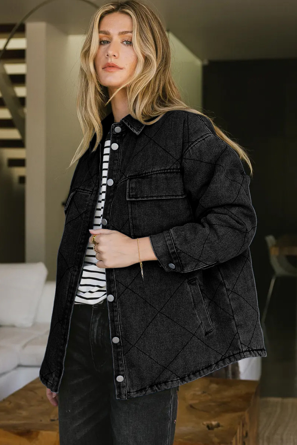 Cotton Blend Denim Jacket, Women's Button Up Autumn Coat - Detail View 3