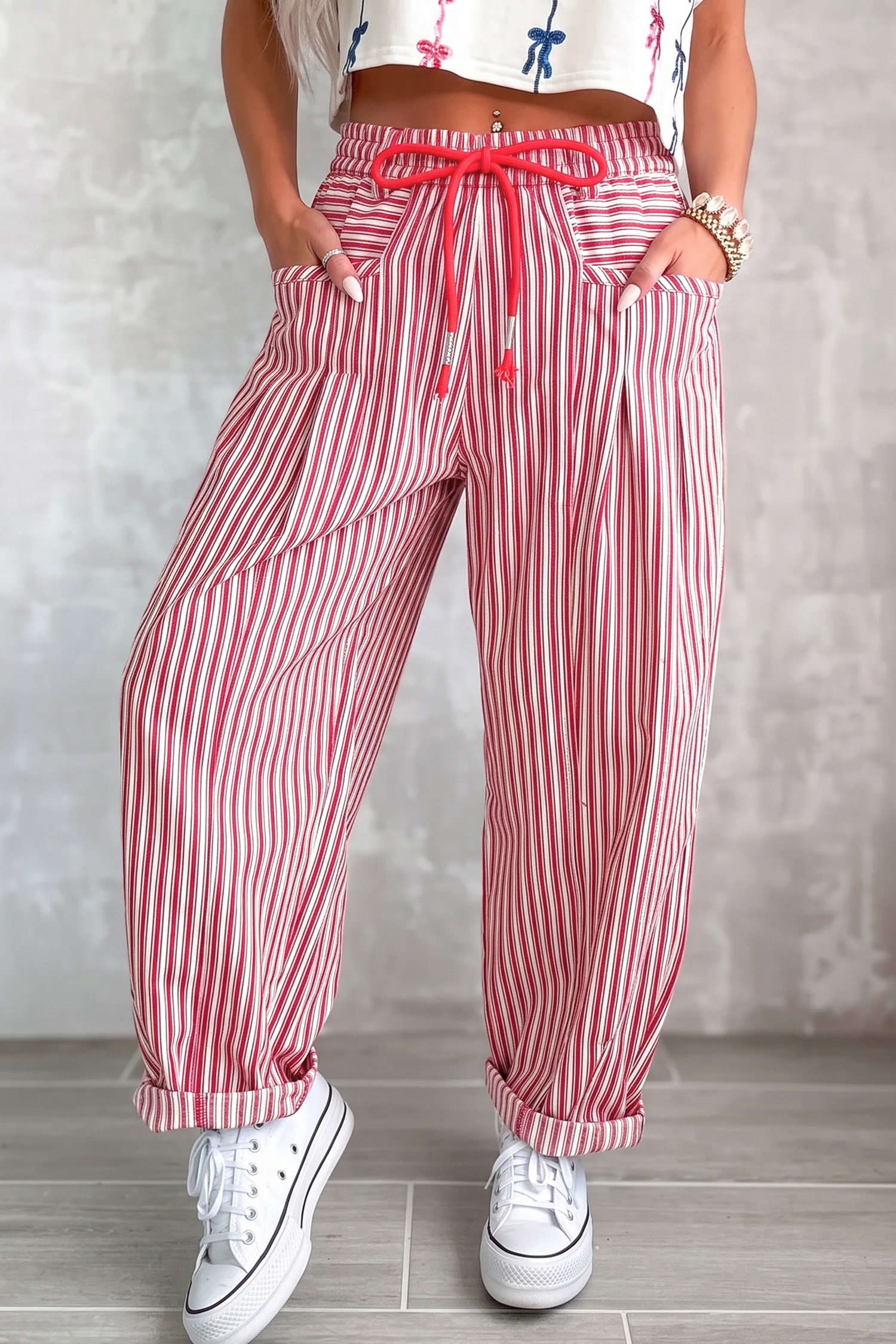 Relaxed Fit Striped Trousers, Cotton Drawstring Casual Pants - Detail View 3