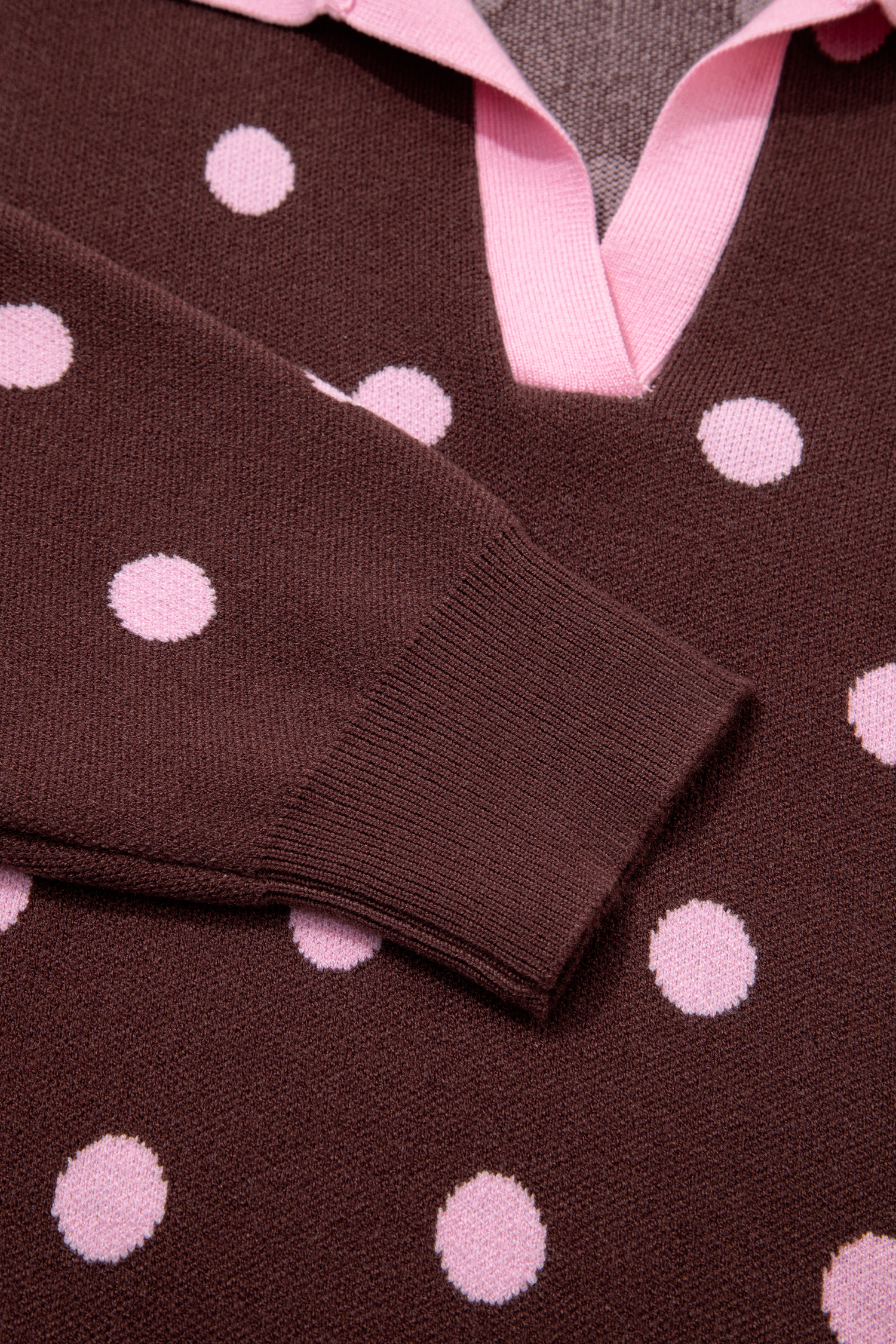 Pink Polka Dot Long Sleeve Top, Brown Colorblock Knitwear - Detail View 8