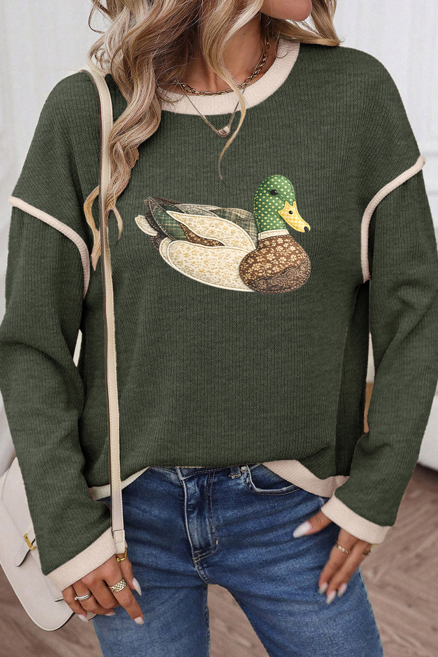 Soft Long Sleeve Knit Top, Contrast Trim Women Western Top - Detail View 3