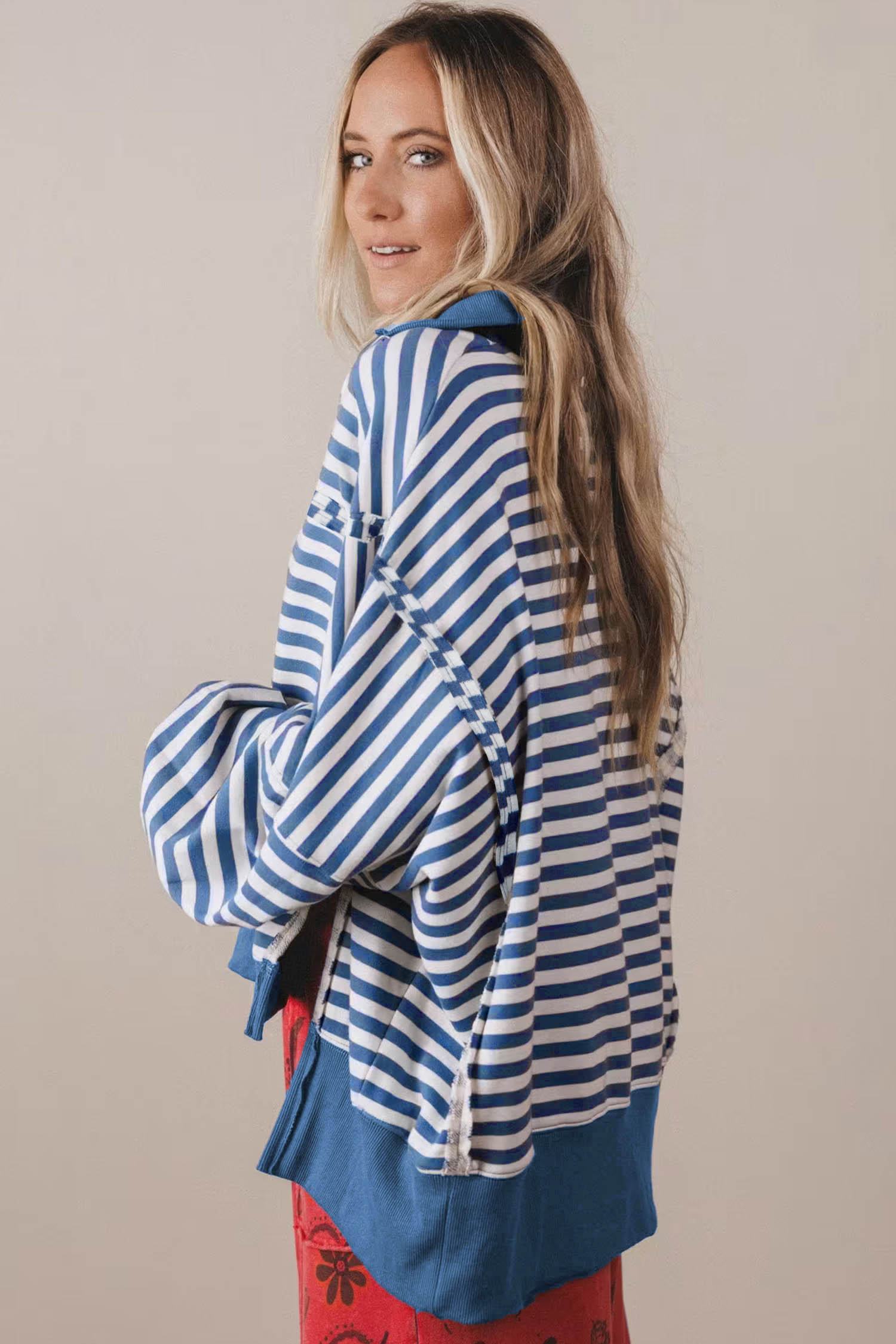 Blue Stripe Loose Pullover, Trendy Women's Sweatshirt - Detail View 5