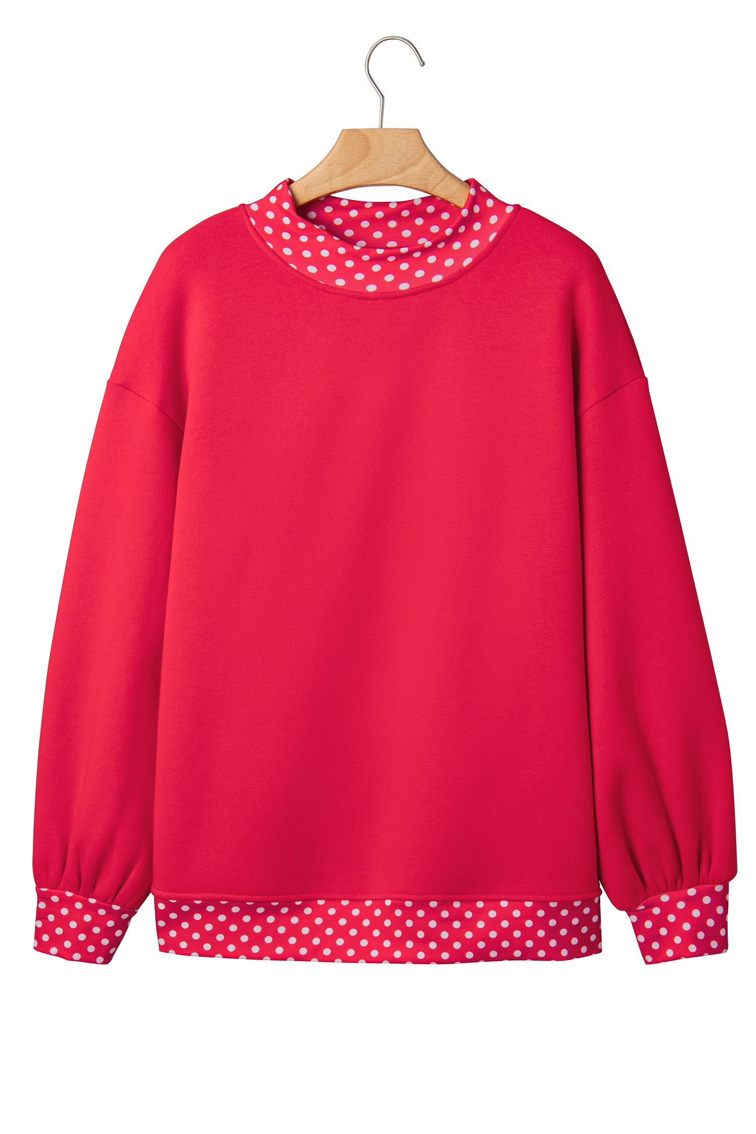 Oversized Red Mock Neck Sweatshirt, Polka Dot Trim Detail - Detail View 2