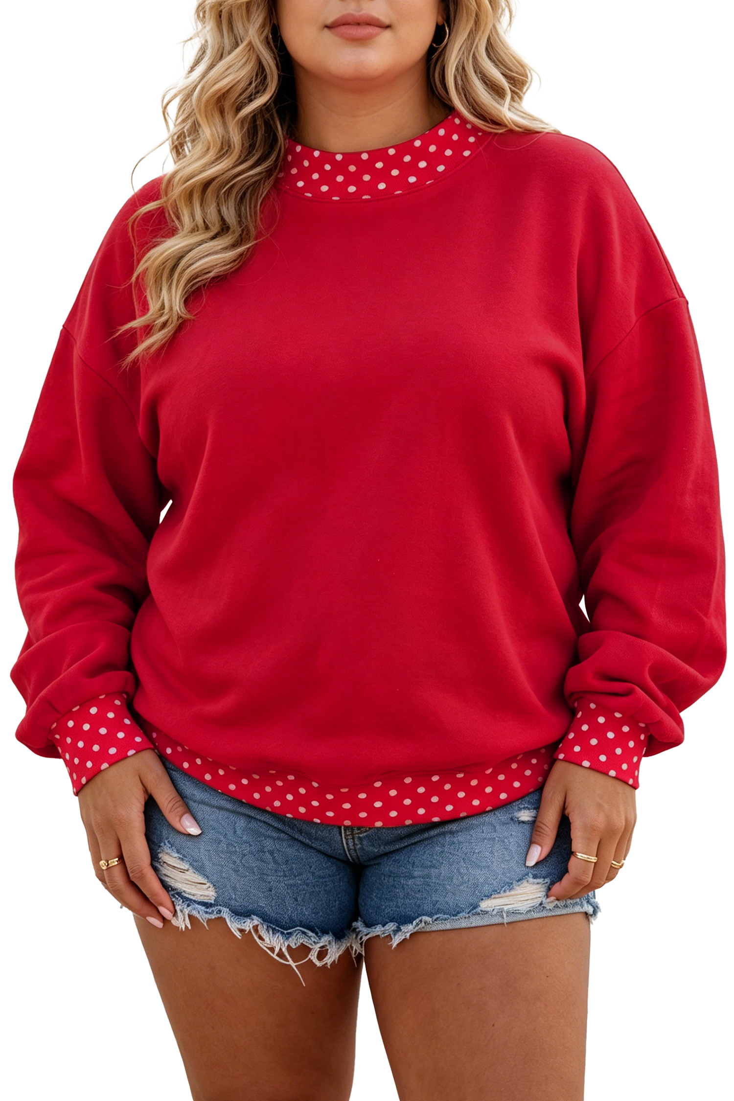 Red Polka Dot Sweatshirt, Casual Fall Pullover for Women - Main View
