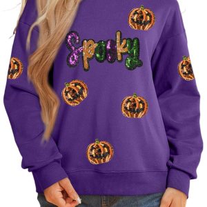 Purple Halloween Sequin Pumpkin Sweatshirt, Women's Casual - Main View