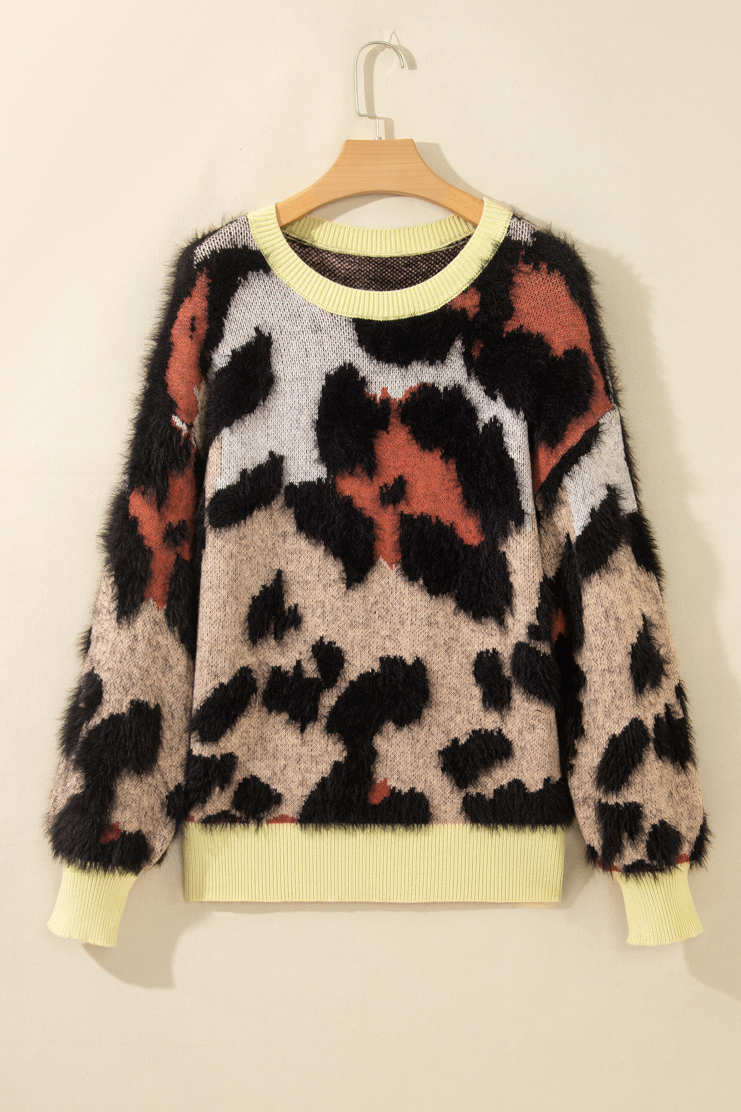 Khaki Animal Print Knit Top, Women's Trendy Drop Shoulder - Detail View 5