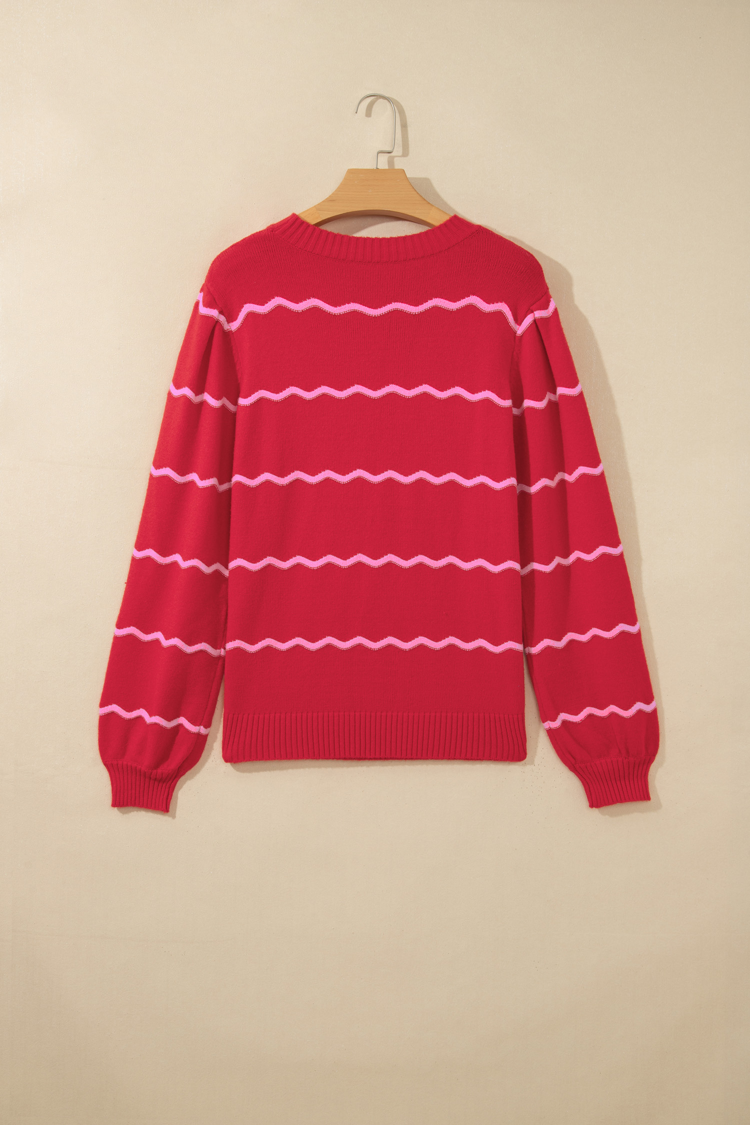 Red Stripe Pullover, Round Neck Fall Knit Sweater - Detail View 5